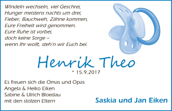 Babyanzeige von Henrik Theo Eiken von Osterholzer Kreisblatt