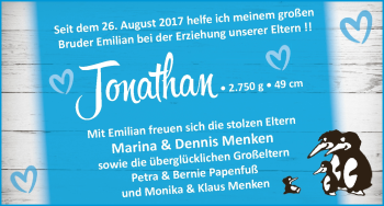 Babyanzeige von Jonathan Menken von Wuemme Zeitung