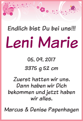 Babyanzeige von Leni Marie Papenhagen von WESER-KURIER