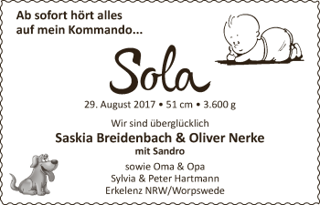 Babyanzeige von Sola  von Wuemme Zeitung