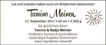 Babyanzeige von Tamino Meinen von WESER-KURIER