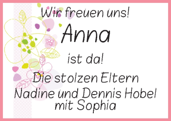 Babyanzeige von Anna Hobel von WESER-KURIER