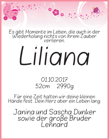 Babyanzeige von Liliana Dunker von Achimer Kurier/Verdener Nachrichten