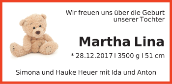 Babyanzeige von Martha Lina Heuer von WESER-KURIER