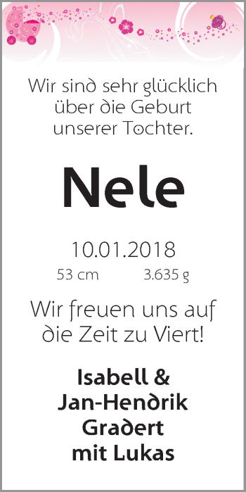 Babyanzeige von Nele Gradert von WESER-KURIER