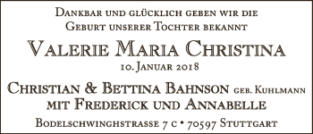 Babyanzeige von Valerie Maria Christina Bahnson von WESER-KURIER