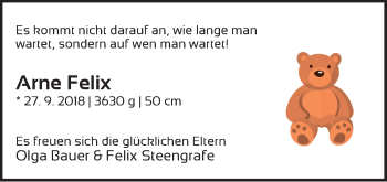 Babyanzeige von Arne Felix  von WESER-KURIER