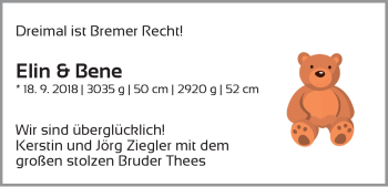Babyanzeige von Elin und Bene Ziegler von WESER-KURIER