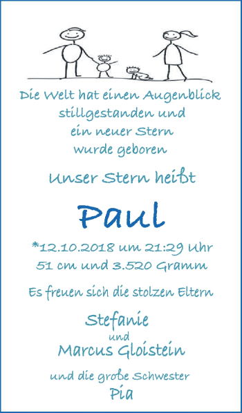 Babyanzeige von Paul Gloistein von Osterholzer Kreisblatt
