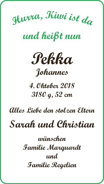 Babyanzeige von Pekka Johannes  von WESER-KURIER