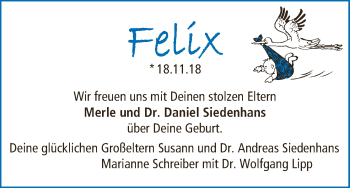 Babyanzeige von Felix Siedenhans von Die Norddeutsche
