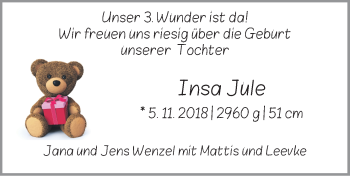 Babyanzeige von Insa Jule Wenzel von WESER-KURIER