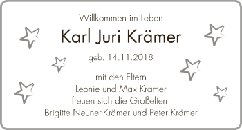 Babyanzeige von Karl Juri Krämer von Osterholzer Kreisblatt
