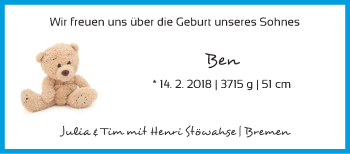 Babyanzeige von Ben Stöwahse von WESER-KURIER