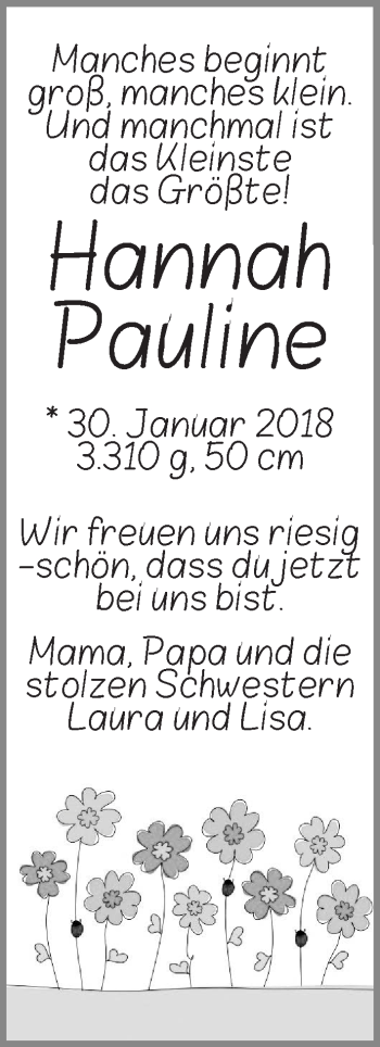 Babyanzeige von Hannah Pauline  von WESER-KURIER