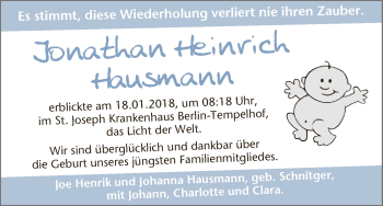 Babyanzeige von Jonathan Heinrich Hausmann von WESER-KURIER
