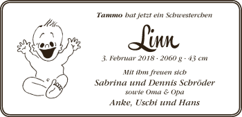 Babyanzeige von Linn Schröder von Osterholzer Kreisblatt