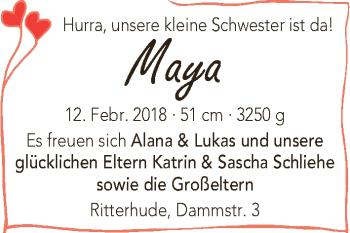 Babyanzeige von Maya  von WESER-KURIER