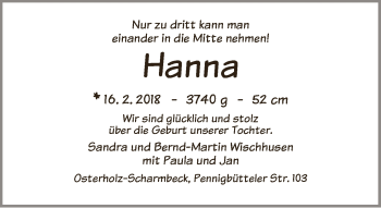 Babyanzeige von Hanna Wischhusen von WESER-KURIER