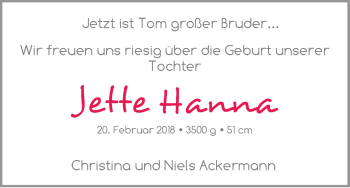 Babyanzeige von Jette Hanna Ackermann von WESER-KURIER