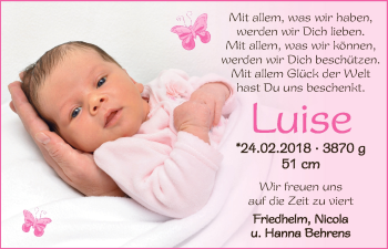 Babyanzeige von Luise Behrens von WESER-KURIER