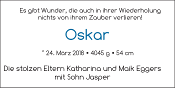 Babyanzeige von Oskar Eggers von WESER-KURIER