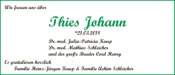 Babyanzeige von Thies Johann Kaup von WESER-KURIER