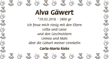 Babyanzeige von Alva Gäwert von WESER-KURIER