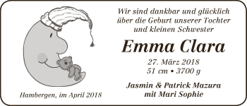 Babyanzeige von Emma Clara Mazura von Osterholzer Kreisblatt