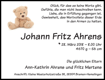 Babyanzeige von Johann Fritz Ahrens von WESER-KURIER