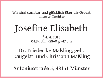 Babyanzeige von Josefine Elisabeth Maß?ling von WESER-KURIER