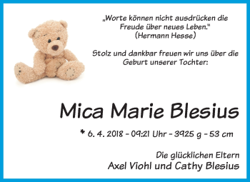 Babyanzeige von Mica Marie Blesius von WESER-KURIER