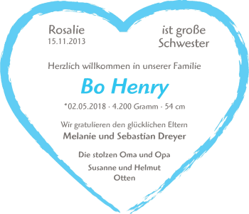 Babyanzeige von Bo  Henry von WESER-KURIER