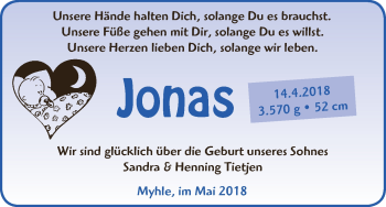 Babyanzeige von Jonas Tietjen von Osterholzer Kreisblatt