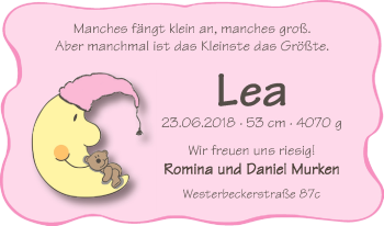 Babyanzeige von Lea Murken von Osterholzer Kreisblatt