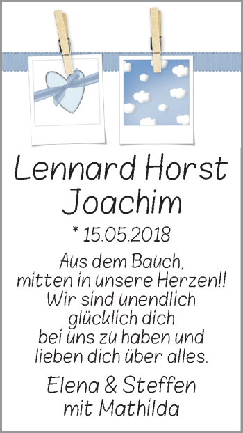 Babyanzeige von Lennard Horst Joachim  von Regionale Rundschau/Syker Kurier