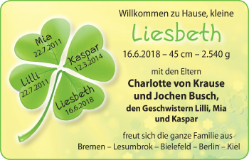 Babyanzeige von Liesbeth  von Die Norddeutsche