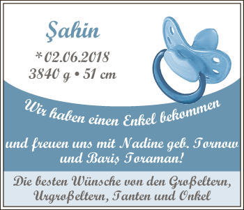 Babyanzeige von Sahin Toraman von WESER-KURIER