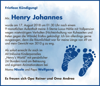 Babyanzeige von Henry Johannes Rothe von Wuemme Zeitung