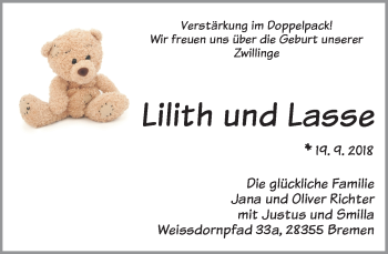 Babyanzeige von Lilith und Lasse Richter von WESER-KURIER
