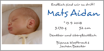 Babyanzeige von Mats Aidan  von WESER-KURIER