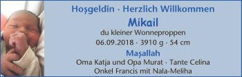 Babyanzeige von Mikail  von WESER-KURIER