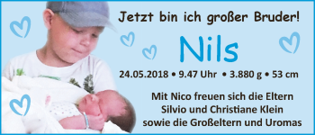 Babyanzeige von Nils Klein von WESER-KURIER