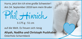 Babyanzeige von Phil Hinrich Puckhaber von Osterholzer Kreisblatt