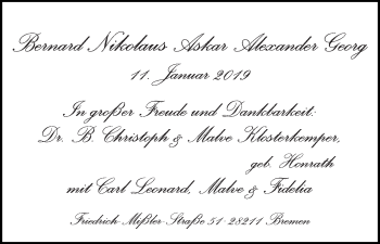 Babyanzeige von Bernar Nikolaus Askar Alexander Klosterkemper von WESER-KURIER