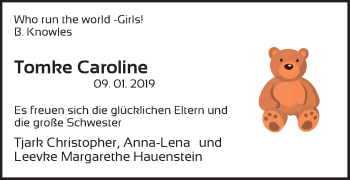 Babyanzeige von Caroline Tomke von WESER-KURIER