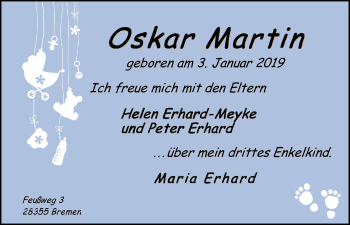 Babyanzeige von Oskar Martin  von WESER-KURIER