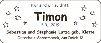Babyanzeige von Timon Laka von Osterholzer Kreisblatt