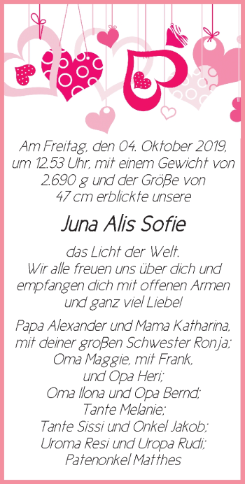 Babyanzeige von Juna Alis Sofie  von WESER-KURIER