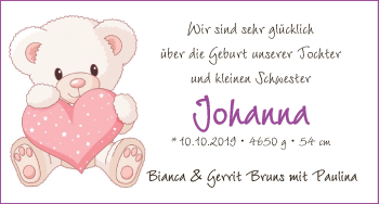 Babyanzeige von Johanna Bruns von Osterholzer Kreisblatt